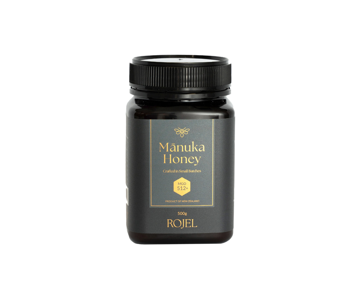 Manuka Honey jar with black lid and label on a white background